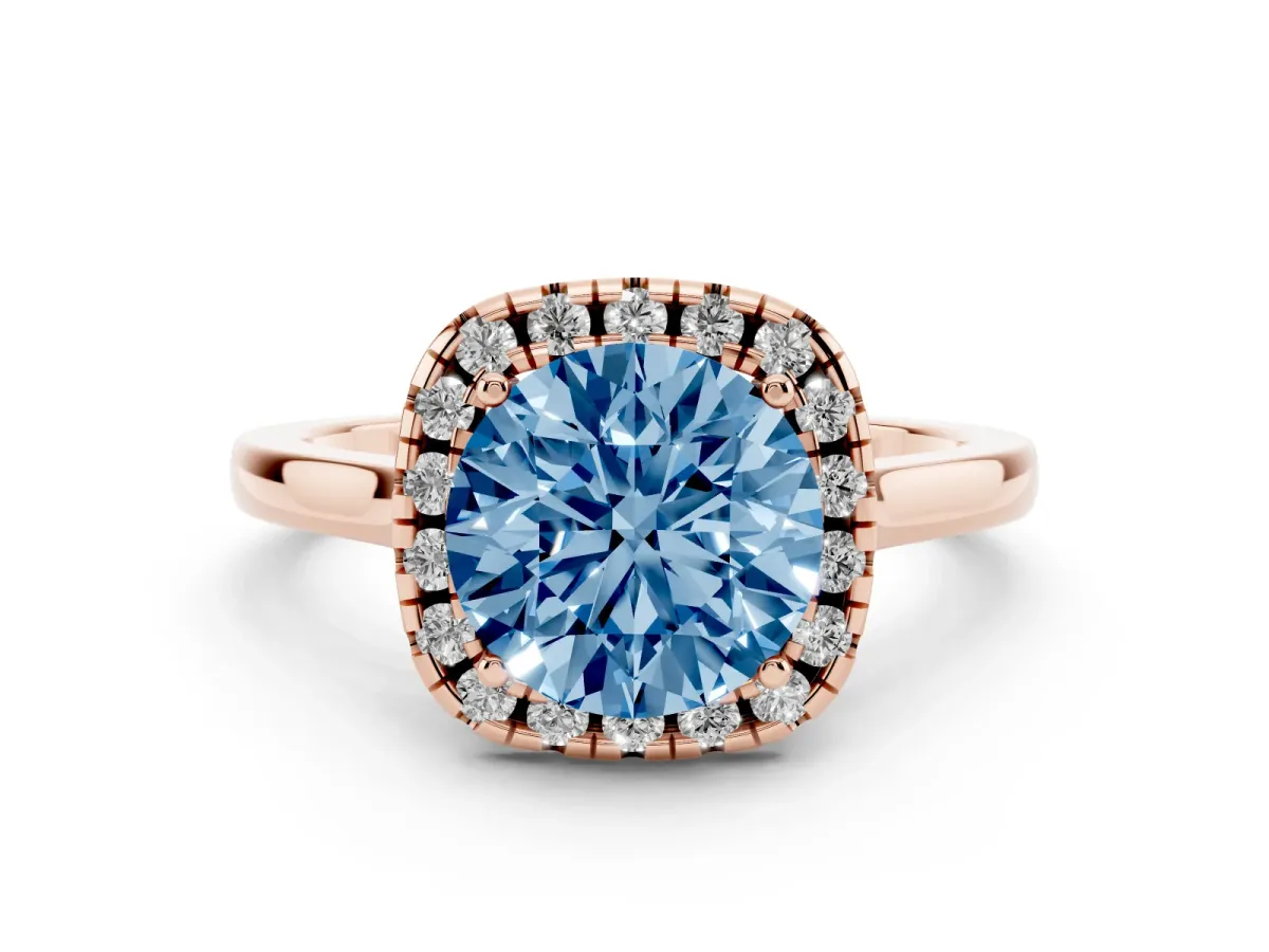 Fancy Blue Round Cut Halo Round Diamond Solitaire Ring with Pavé Band and Four-Prong Setting Rose gold