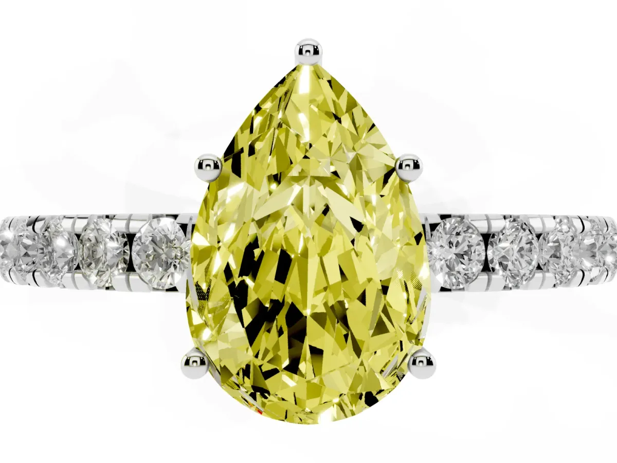 Fancy Yellow Pear Cut Diamond Pavé Solitaire Engagement Ring with Four-Prong Setting Platinum