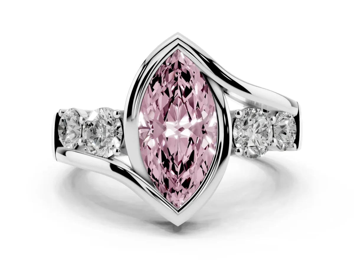 Fancy Pink Bezel Set Marquise Cut Diamond Bypass Ring with Round Accents Silver