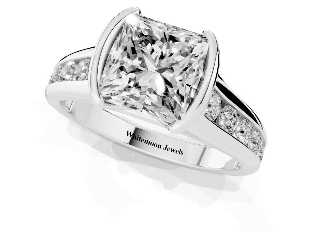 Princess Cut Solitaire Bezel-Set Diamond Ring with Channel-Set Band Platinum