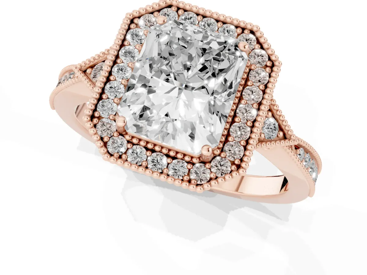 Radiant Cut Halo Round Diamond Milgrain Pave Engagement Ring Rose gold
