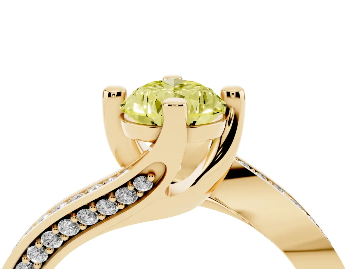 Fancy Yellow Pear Cut Solitaire Diamond Twist Band with Pavé Setting and Four-Prong Setting Yellow gold