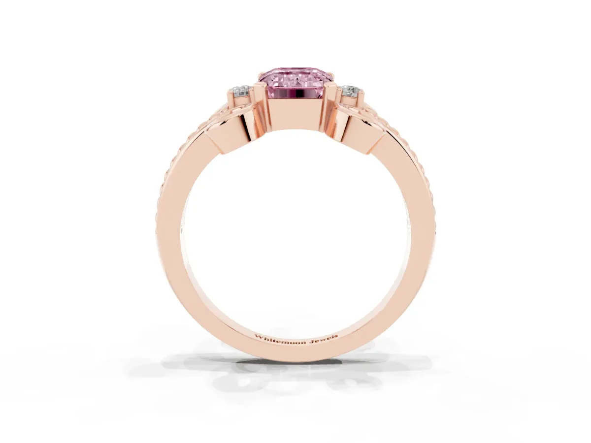 Fancy Pink Emerald Cut Solitaire Twisted Band Scroll Prong Ring Rose gold