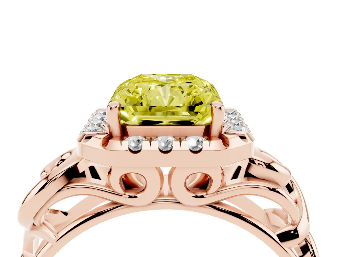 Fancy Yellow Radiant Cut Cut Halo Diamond Ring with Scrollwork Band and Four-Prong Setting Rose gold