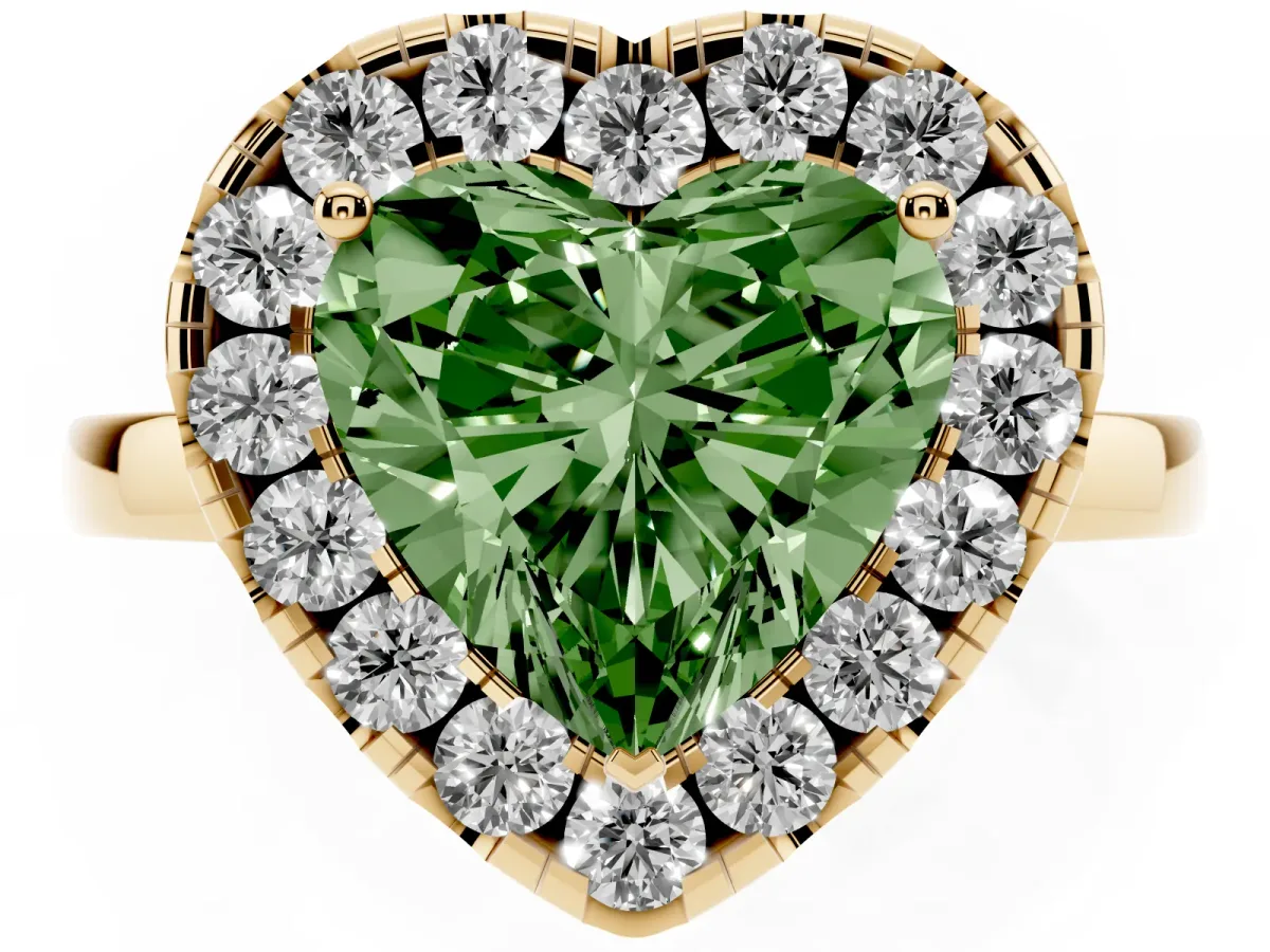 Fancy Green Heart Cut Halo Diamond Solitaire with Pavé Band and Four-Prong Setting Yellow gold