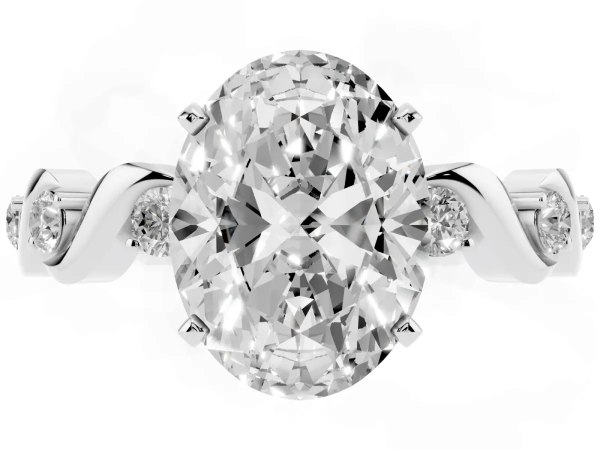 Oval Cut Diamond Solitaire Twisted Band with Round Accents and Prong Setting Silver