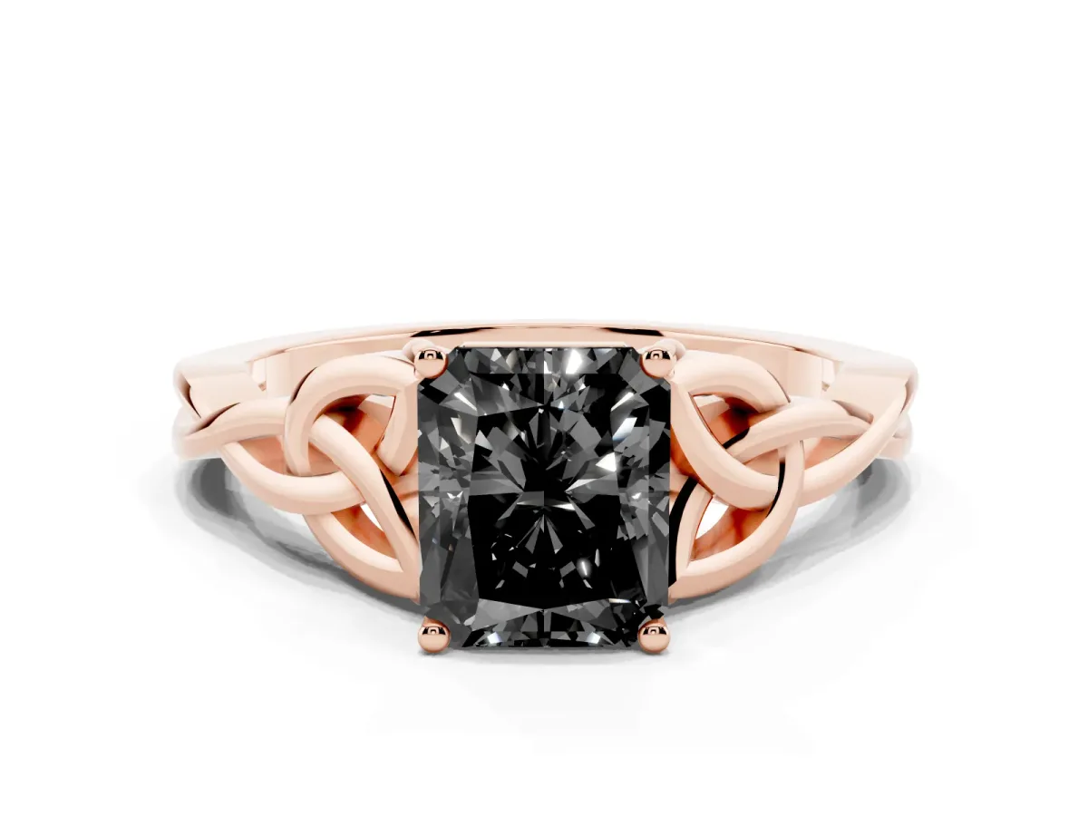 Fancy Black Radiant Cut Diamond Solitaire Engagement Ring with Celtic Knot Band and Four-Prong Setting Rose gold