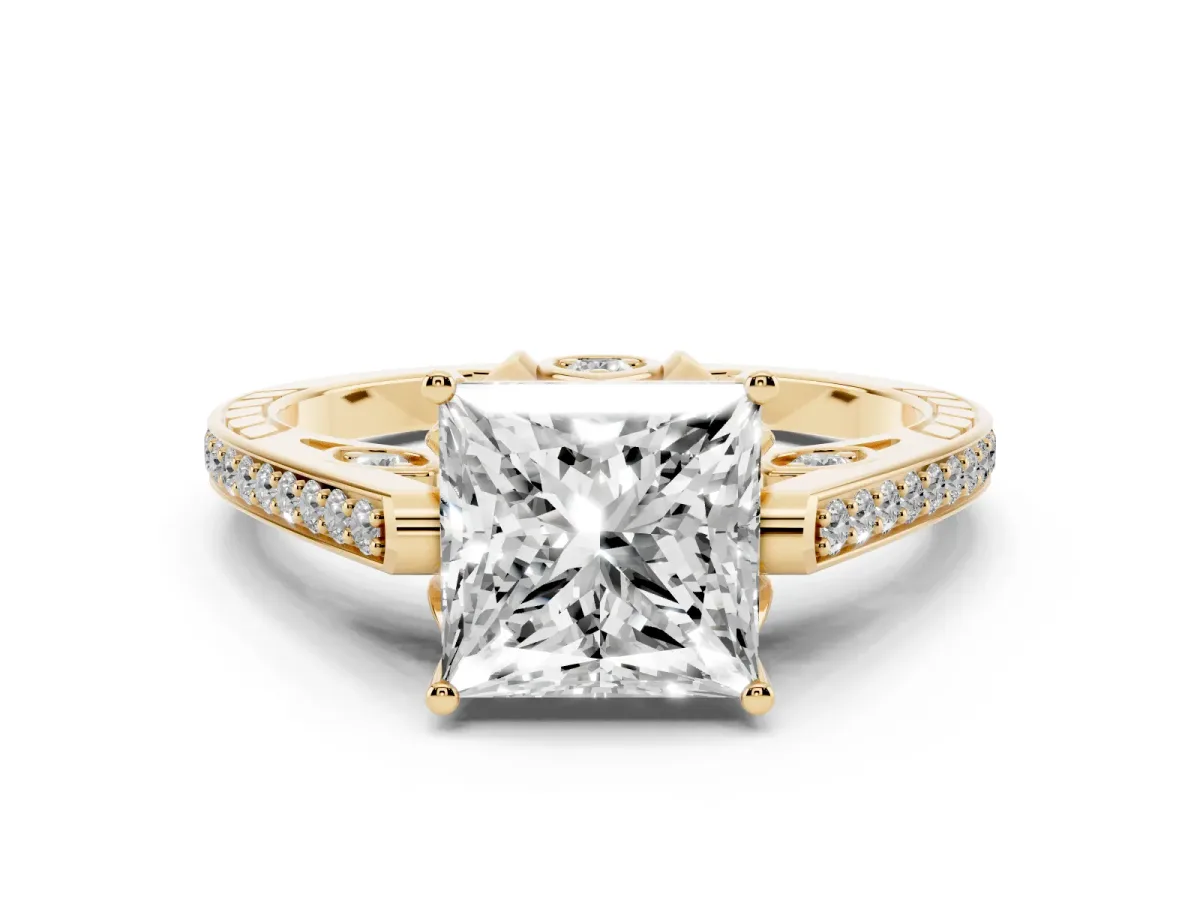 Princess Cut Cut Cathedral Pave Diamond Engagement Ring with Six-Prong Setting Yellow gold