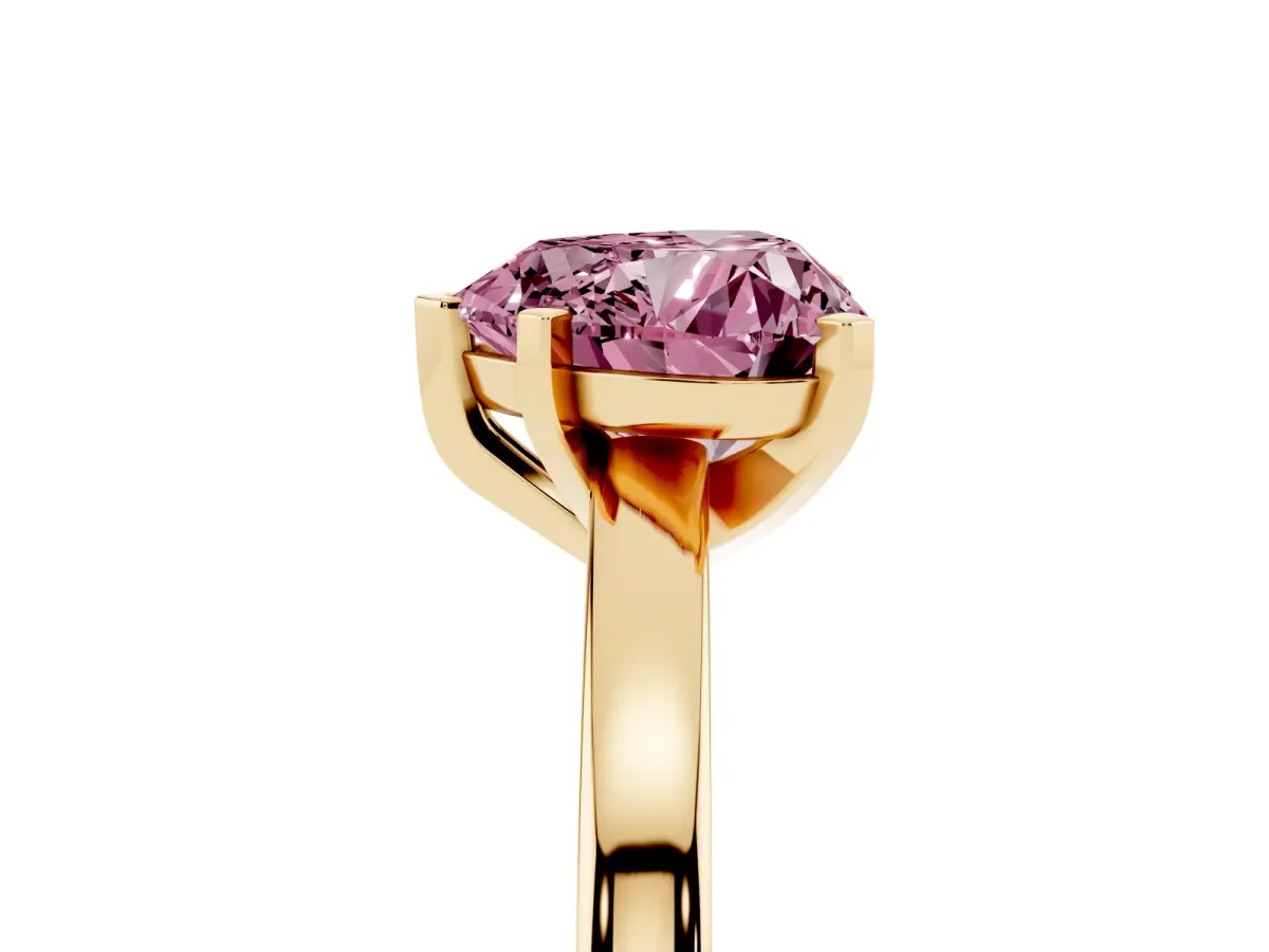 Fancy Pink Heart Cut Solitaire Diamond Engagement Ring with Four-Prong Setting on a Classic Band Yellow gold