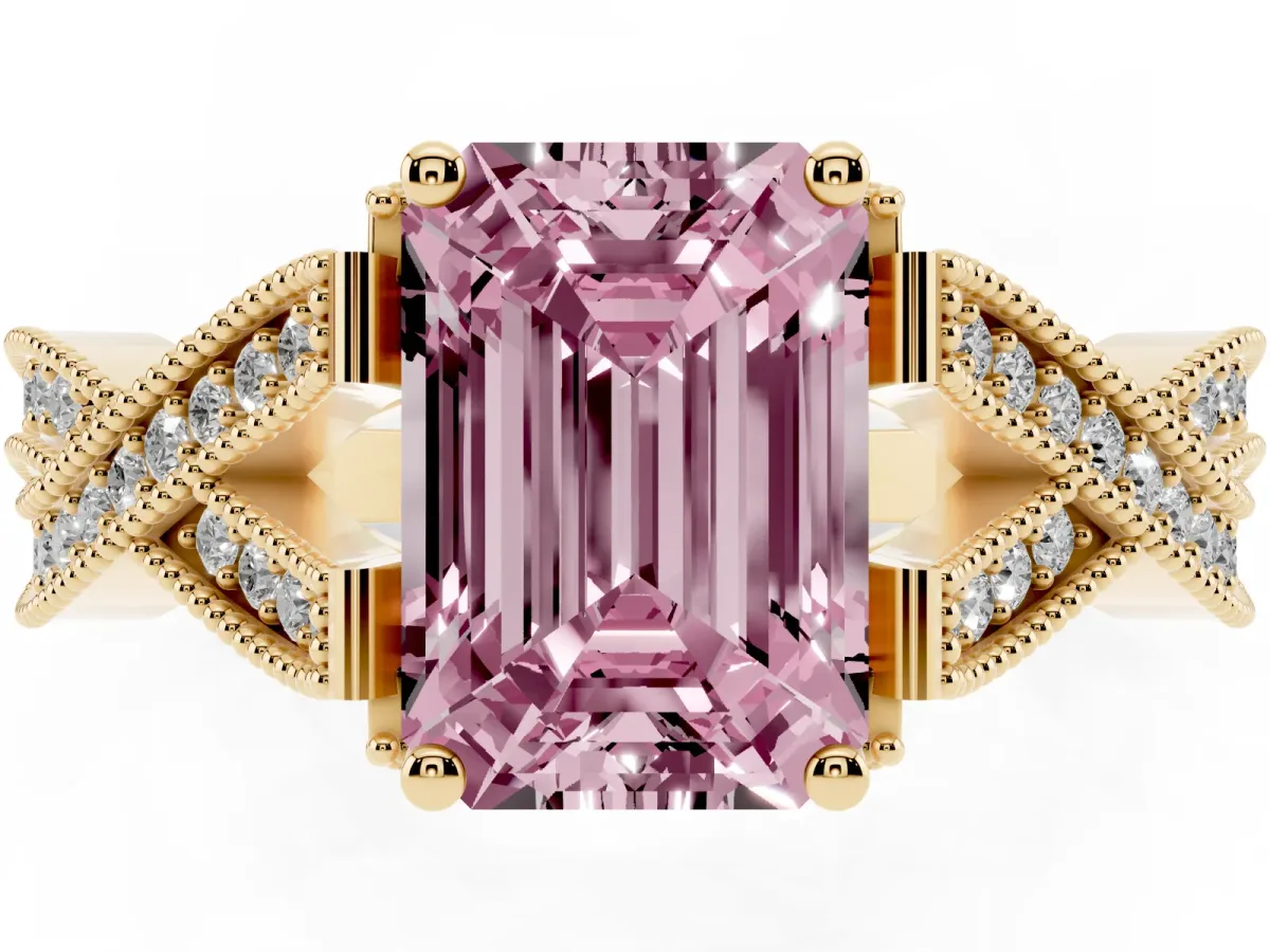 Fancy Pink Emerald Cut Cut Diamond Twisted Band with Milgrain Pave Setting and Four-Prong Setting Yellow gold