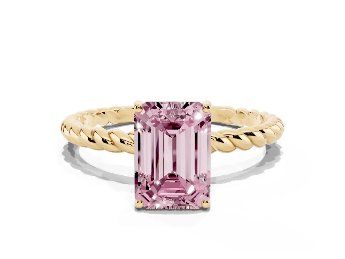 Fancy Pink Emerald Cut Solitaire Twisted Band 4-Prong Ring Yellow gold