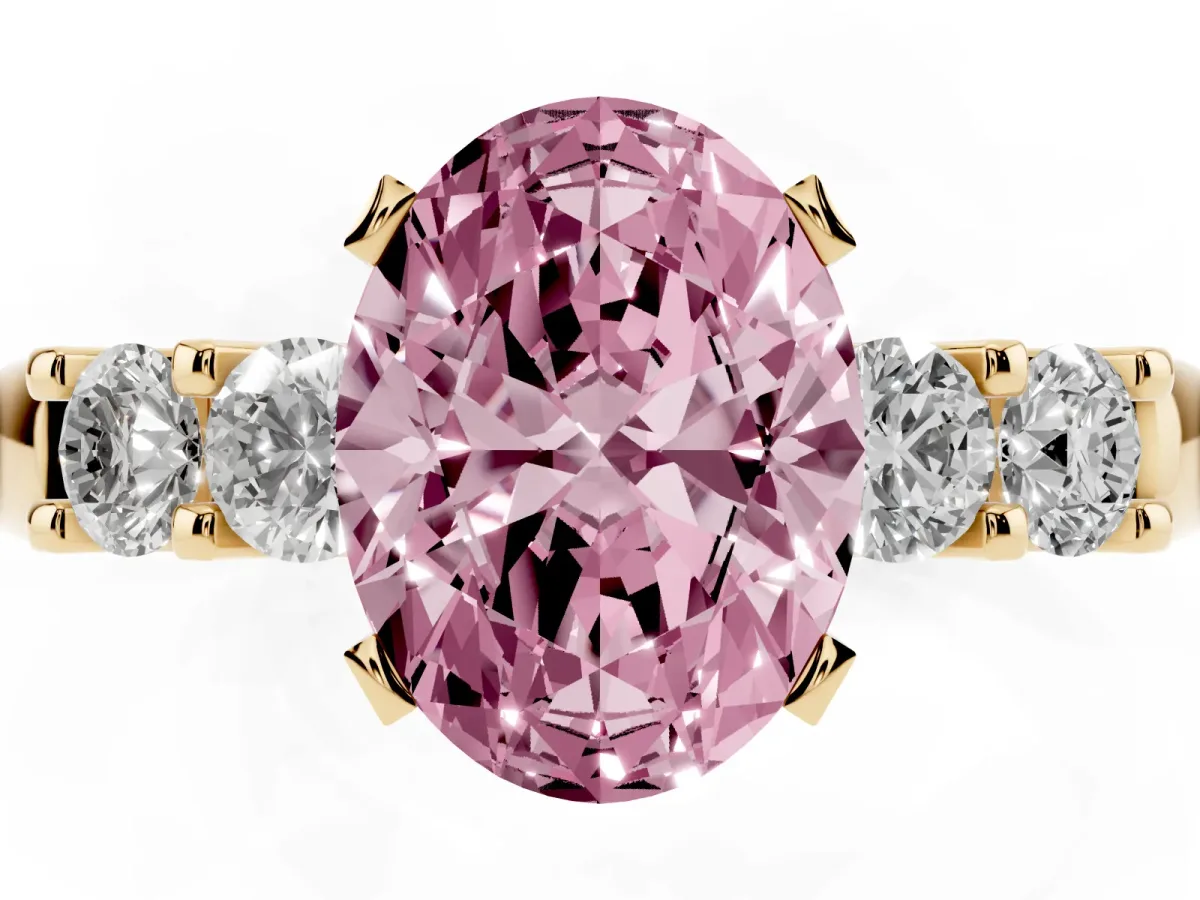 Fancy Pink Oval Cut Brilliant Cut Diamond Five-Stone Prong Set Engagement Ring with Channel Band Yellow gold
