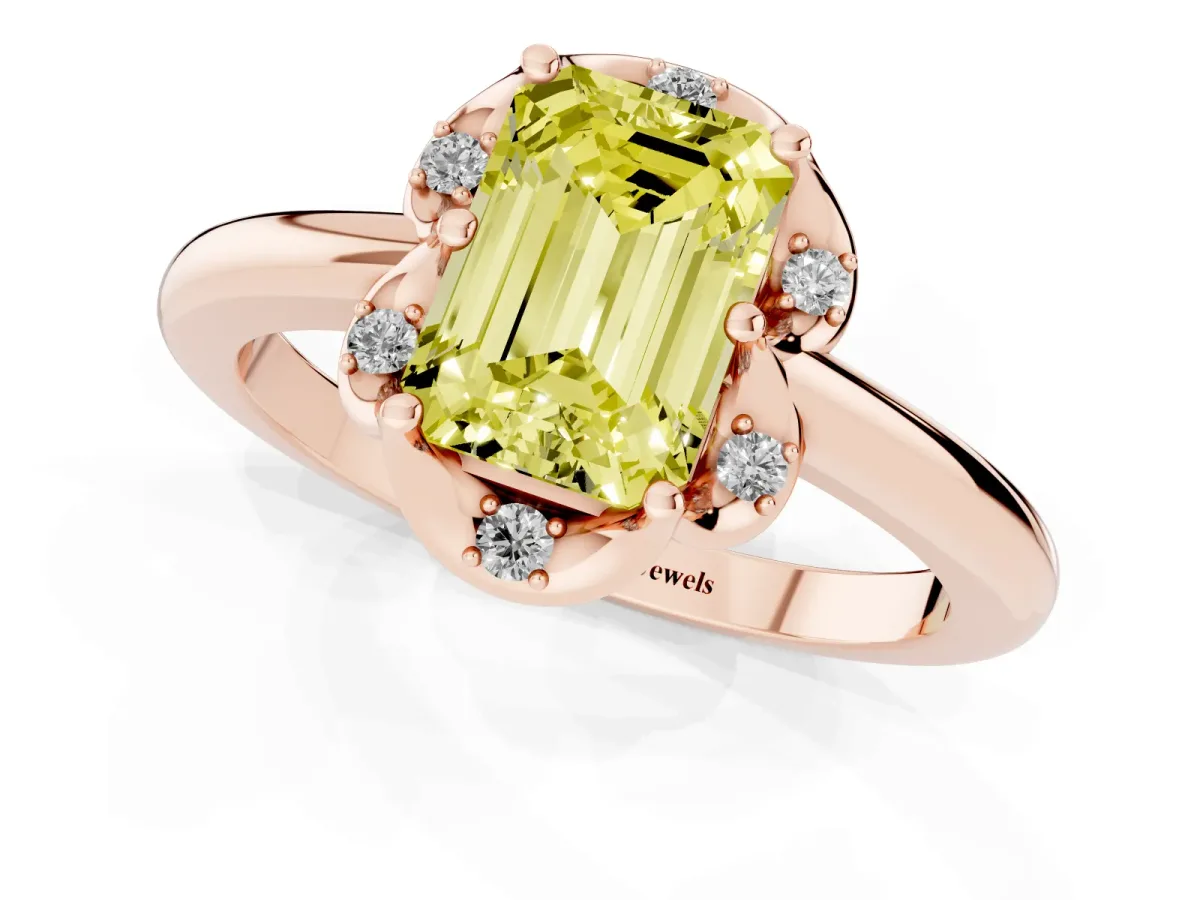 Fancy Yellow Emerald Cut Halo Diamond Ring with Round Cluster Setting, Solitaire Band, and Four-Prong Setting Rose gold