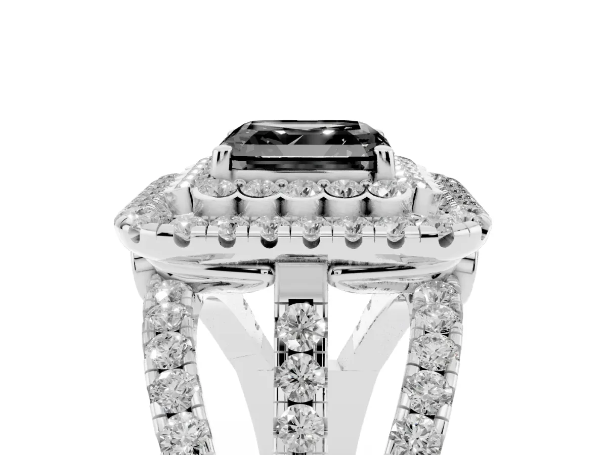 Fancy Black Asscher Cut Diamond Double Halo Ring with Round Pavé Split Shank and Prong Setting Silver