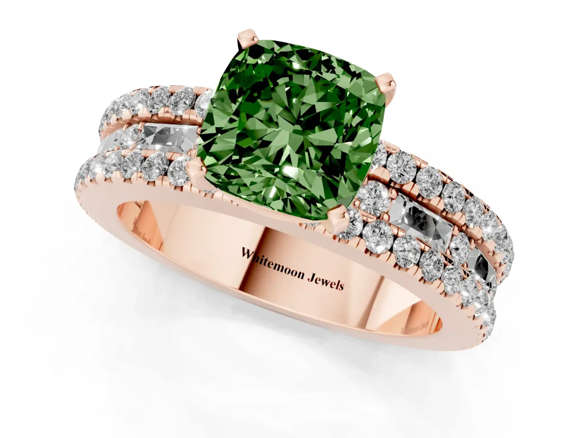 Fancy Green Cushion Cut Diamond Solitaire Ring with Pavé and Channel Set Band Rose gold