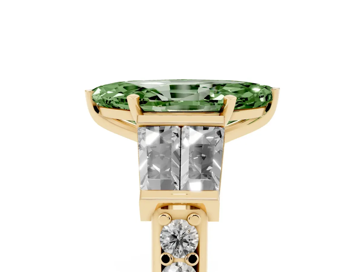 Fancy Green Marquise Cut Diamond Engagement Ring with Baguette Side Stones and Channel Set Band Yellow gold