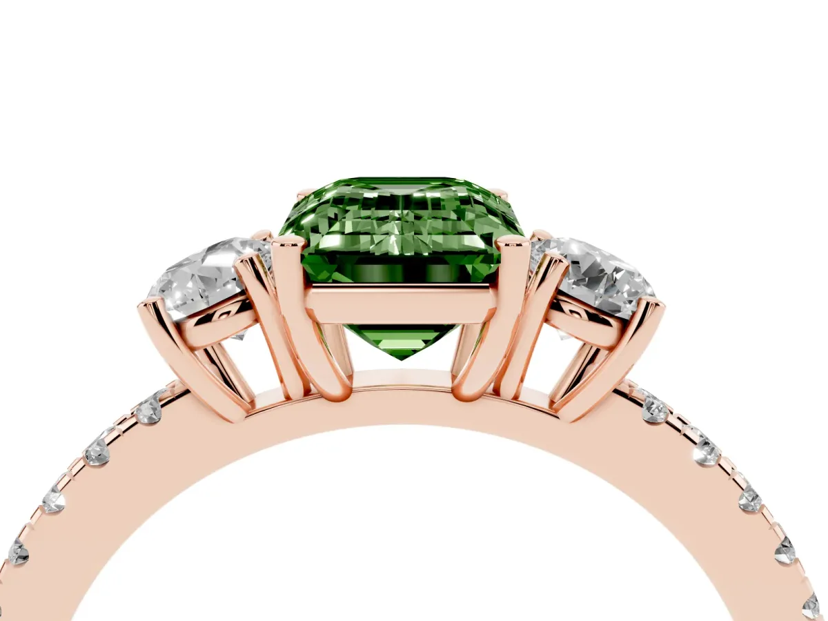 Fancy Green Three-Stone Emerald Cut Cut Diamond Pavé Band with Prong Setting Rose gold