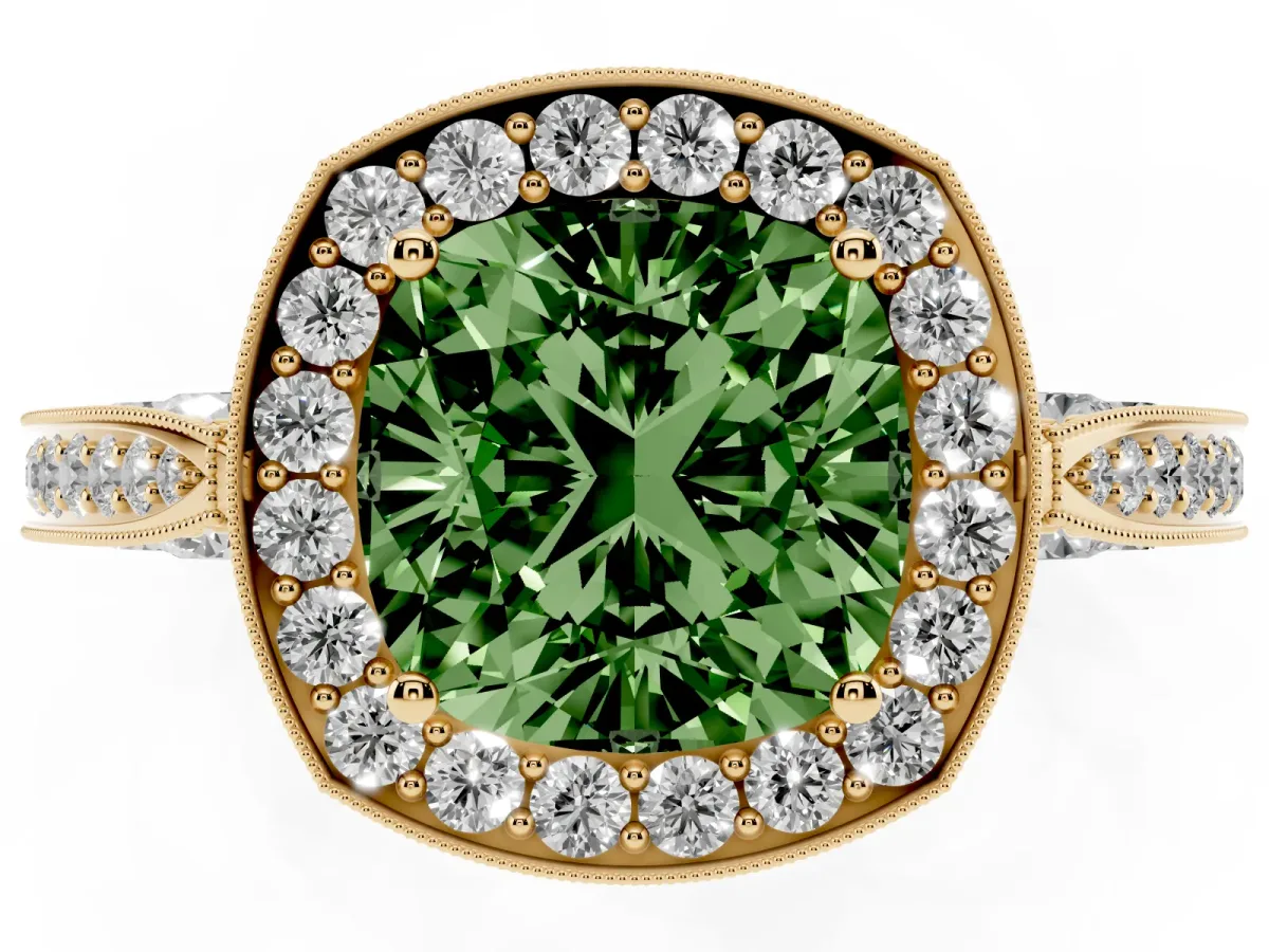 Fancy Green Cushion Cut Halo Diamond Engagement Ring with Split Shank Band and Four-Prong Setting Yellow gold
