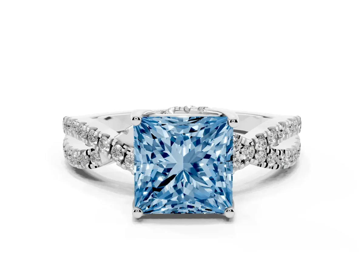 Fancy Blue Princess Cut Solitaire Twist Pave Diamond Engagement Ring with Prong Setting Silver