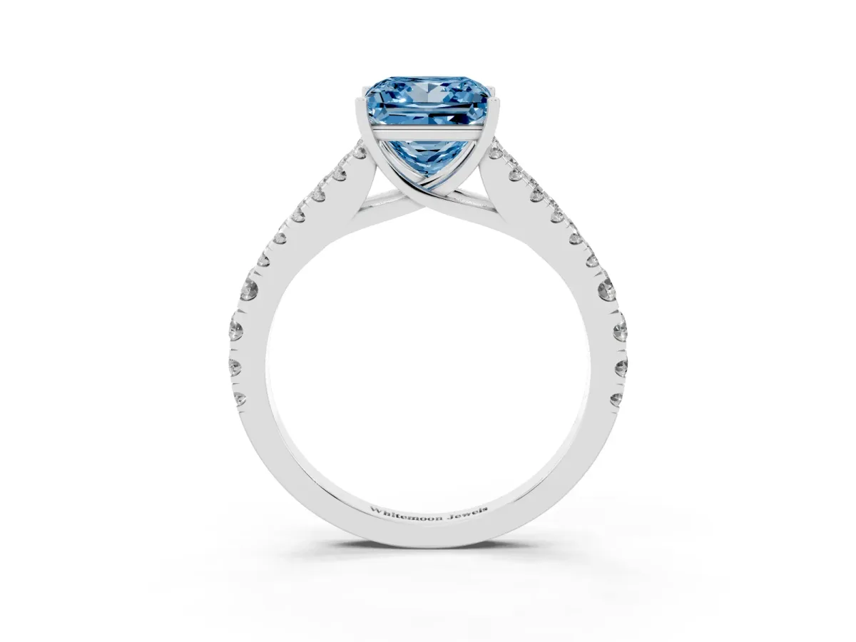 Fancy Blue Princess Cut Diamond Split Shank Pavé Engagement Ring with Four-Prong Setting White gold