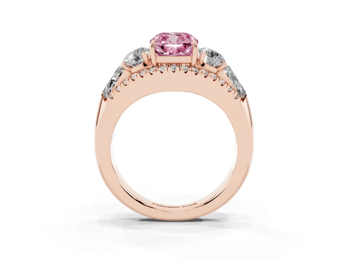 Fancy Pink Three-Stone Cushion Cut Diamond Engagement Ring with Pave Band and Prong Setting Rose gold