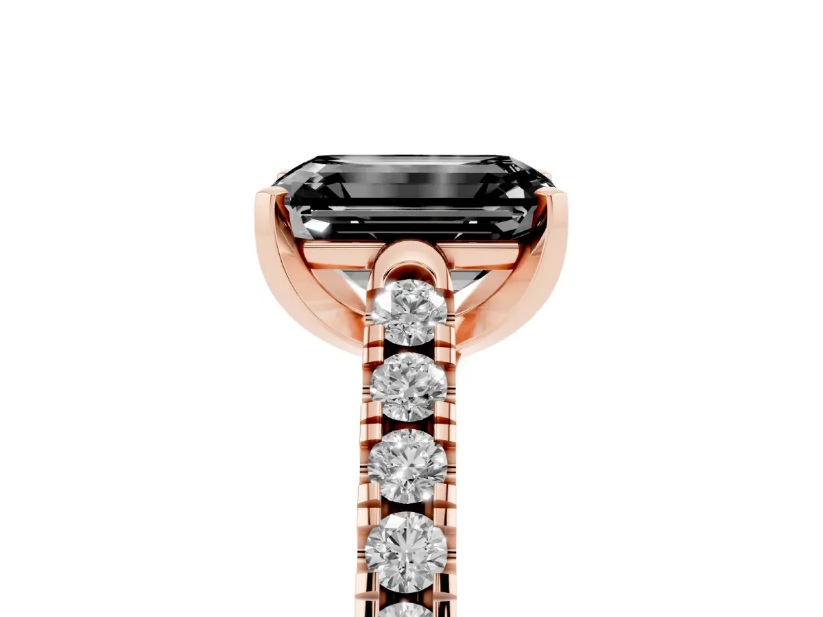 Fancy Black Emerald Cut Diamond Pavé Band Solitaire Ring with Prong Setting Rose gold