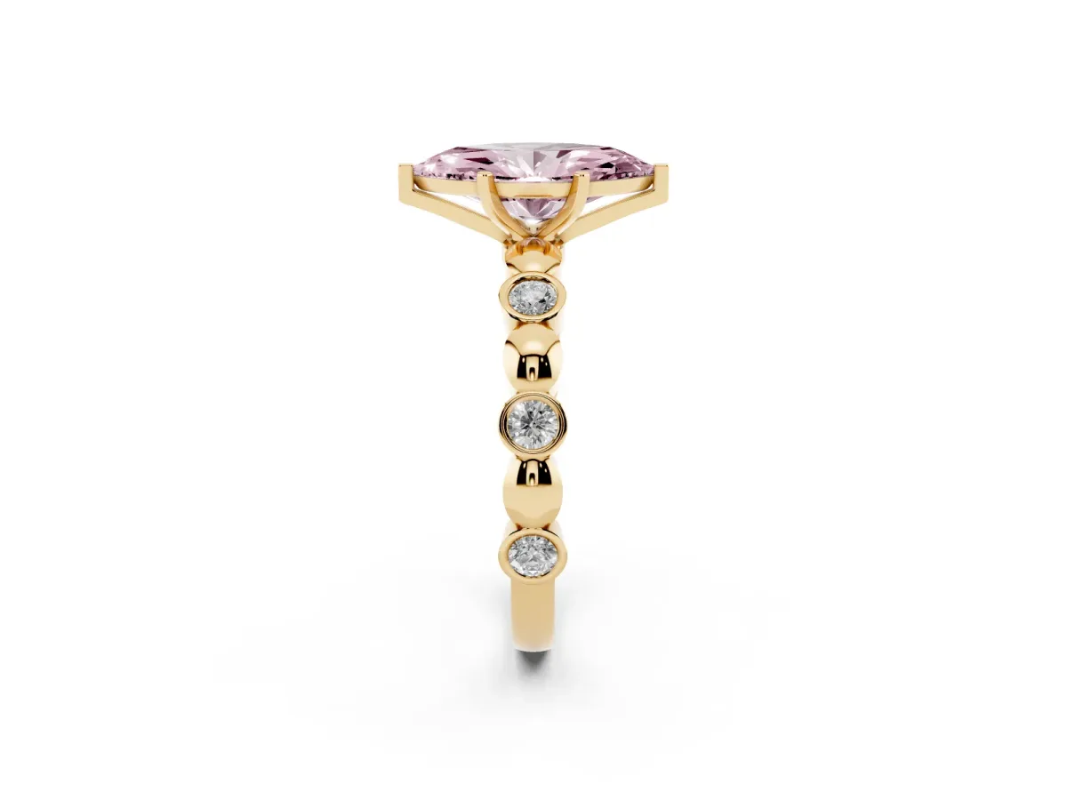 Fancy Pink Marquise Cut Solitaire Bezel-Set Diamond Ring with Beaded Band and Four-Prong Setting Yellow gold