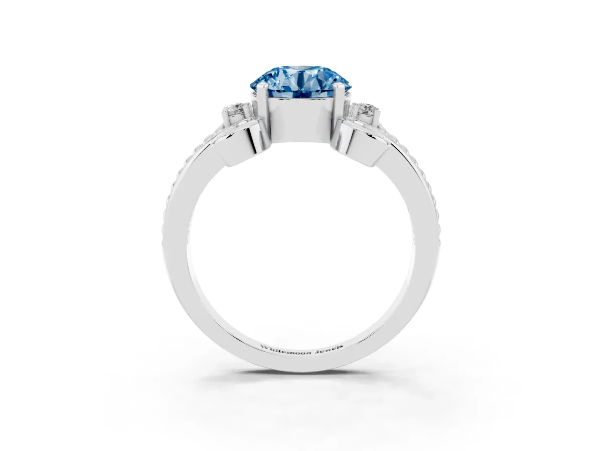 Fancy Blue Round Cut Solitaire Twisted Band Scroll Prong Ring Platinum