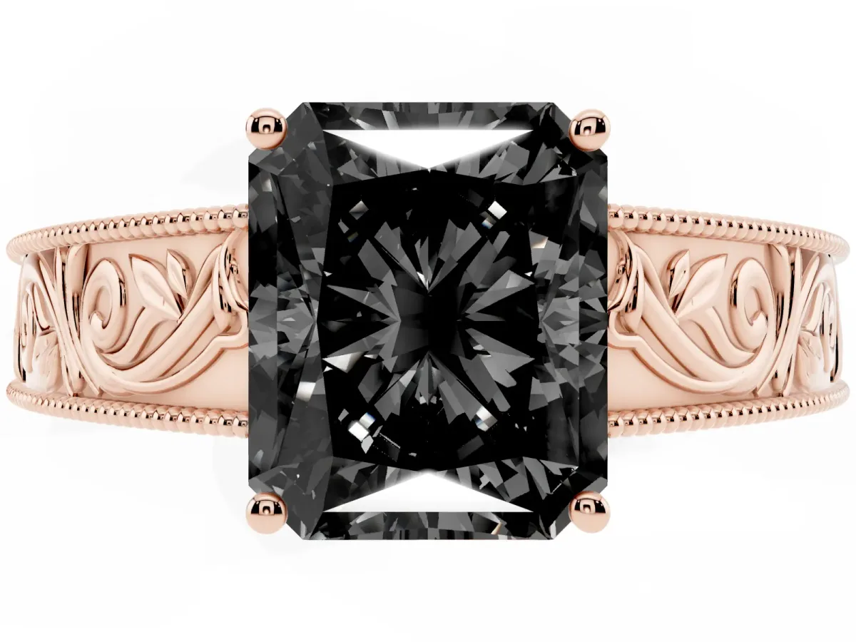 Fancy Black Radiant Cut Diamond Solitaire Ring with Engraved Band and Four-Prong Setting Rose gold