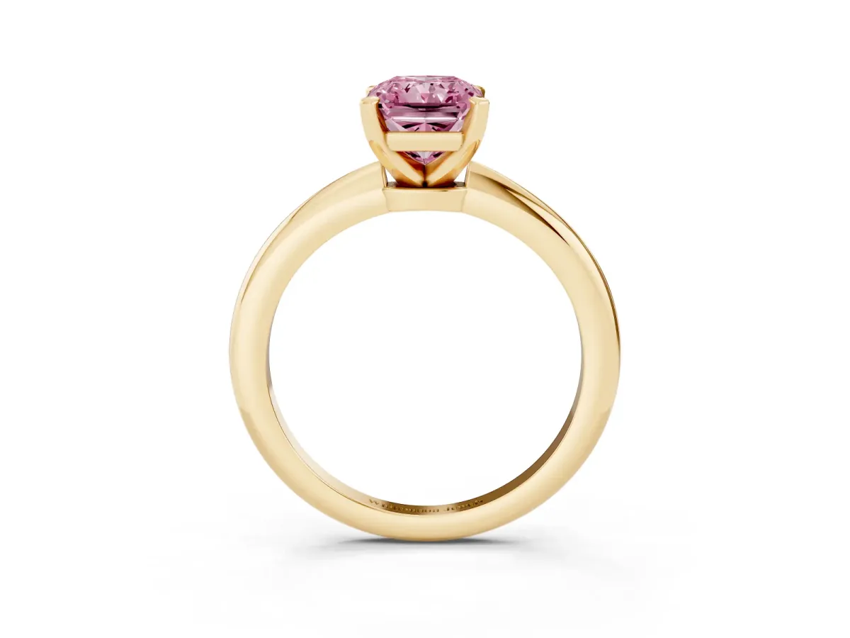 Fancy Pink Radiant Cut Diamond Solitaire Ring with Prong Setting and Classic Band Yellow gold