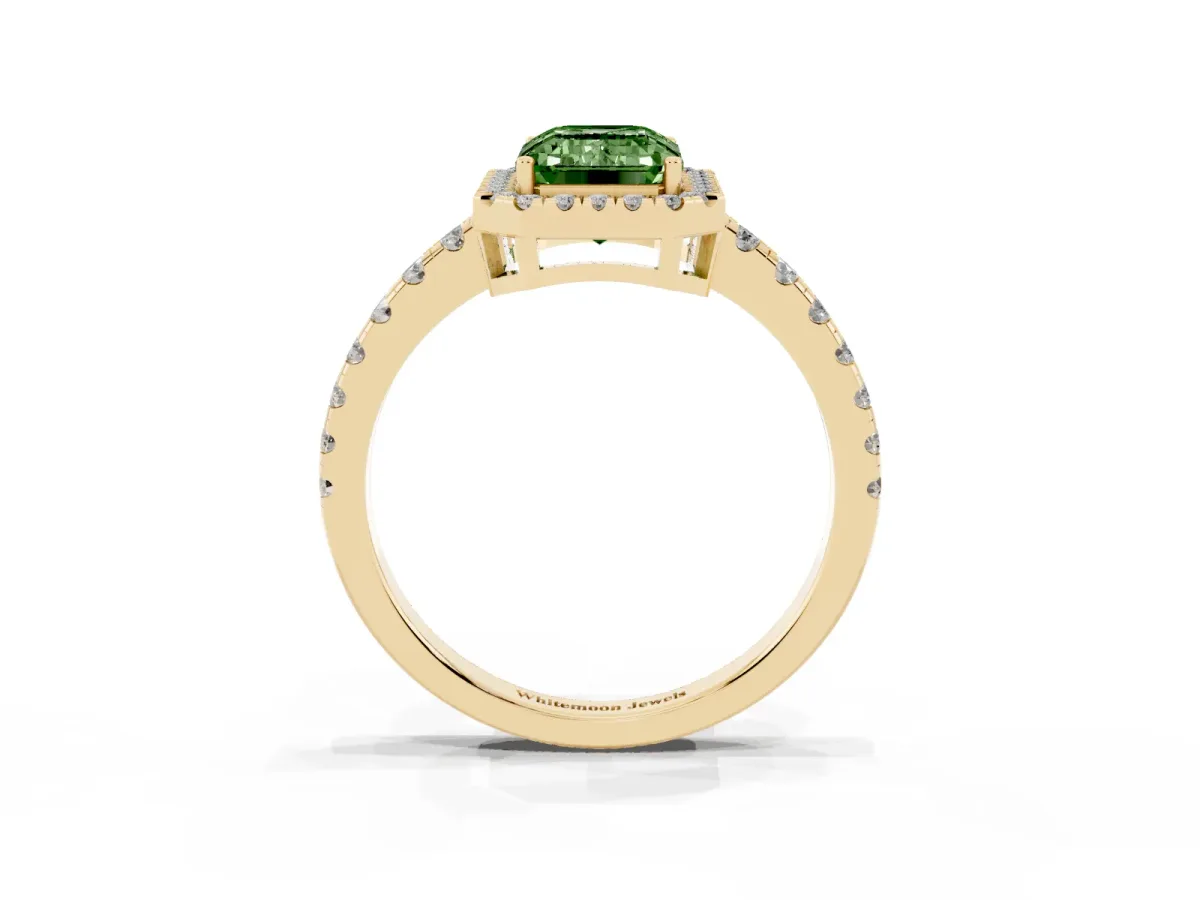 Fancy Green Emerald Cut Diamond Halo Ring with Pavé Band and Four-Prong Setting Yellow gold