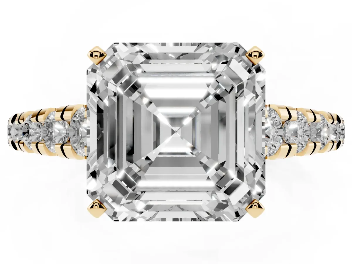 Asscher Cut Diamond Cathedral Solitaire Ring with Round Pavé Band Yellow gold