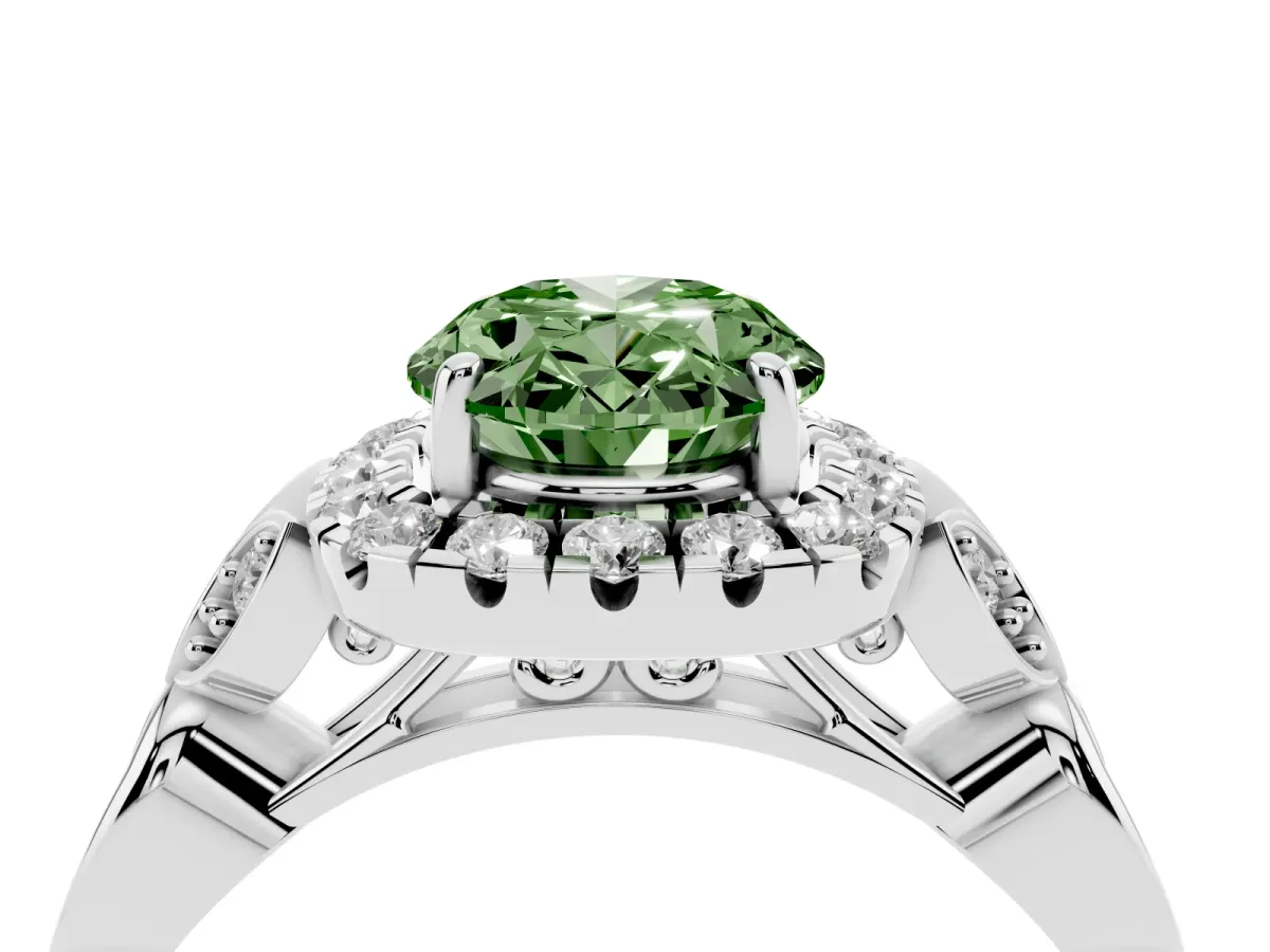 Fancy Green Oval Cut Halo Diamond Engagement Ring with Vintage-Inspired Band and Four-Prong Setting Platinum