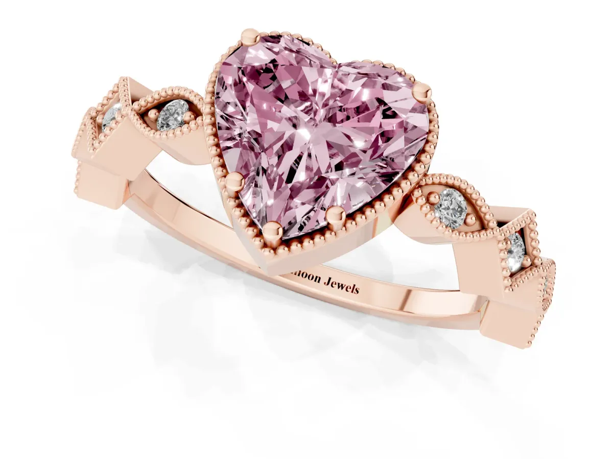 Fancy Pink Heart Cut Milgrain Marquise Diamond Twist Band Ring Rose gold