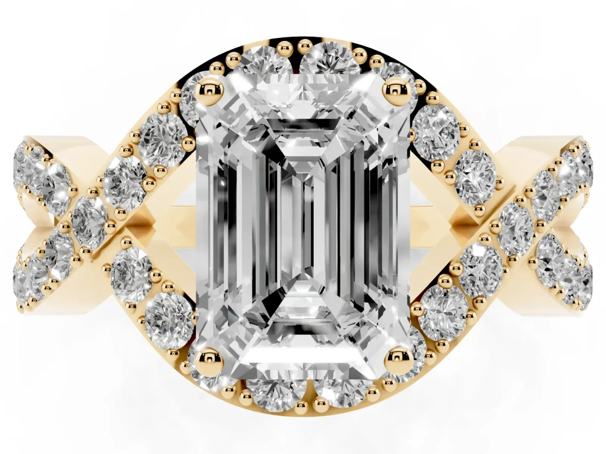Emerald Cut Solitaire Twist Band Pavé Diamond Engagement Ring Yellow gold
