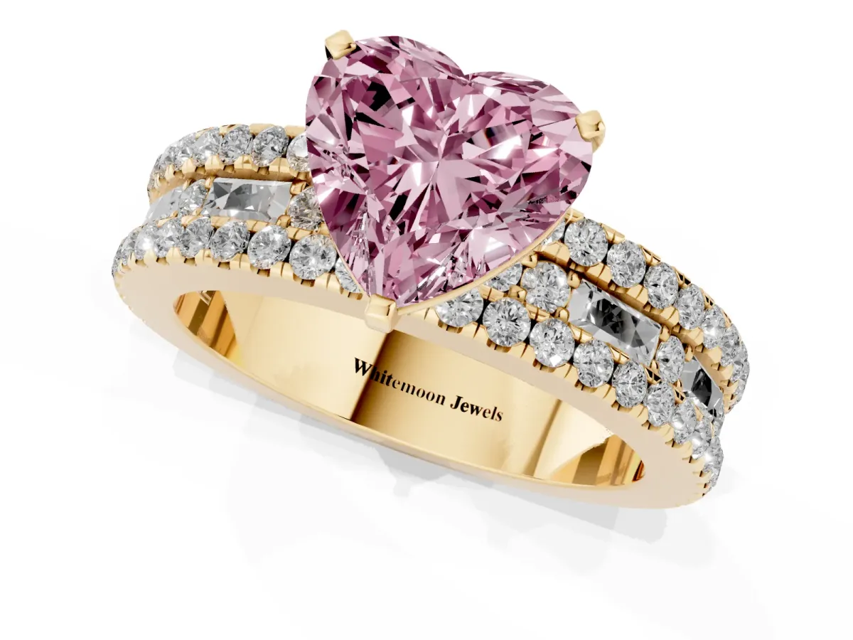 Fancy Pink Heart Cut Diamond Solitaire Ring with Pavé and Channel Set Band Yellow gold