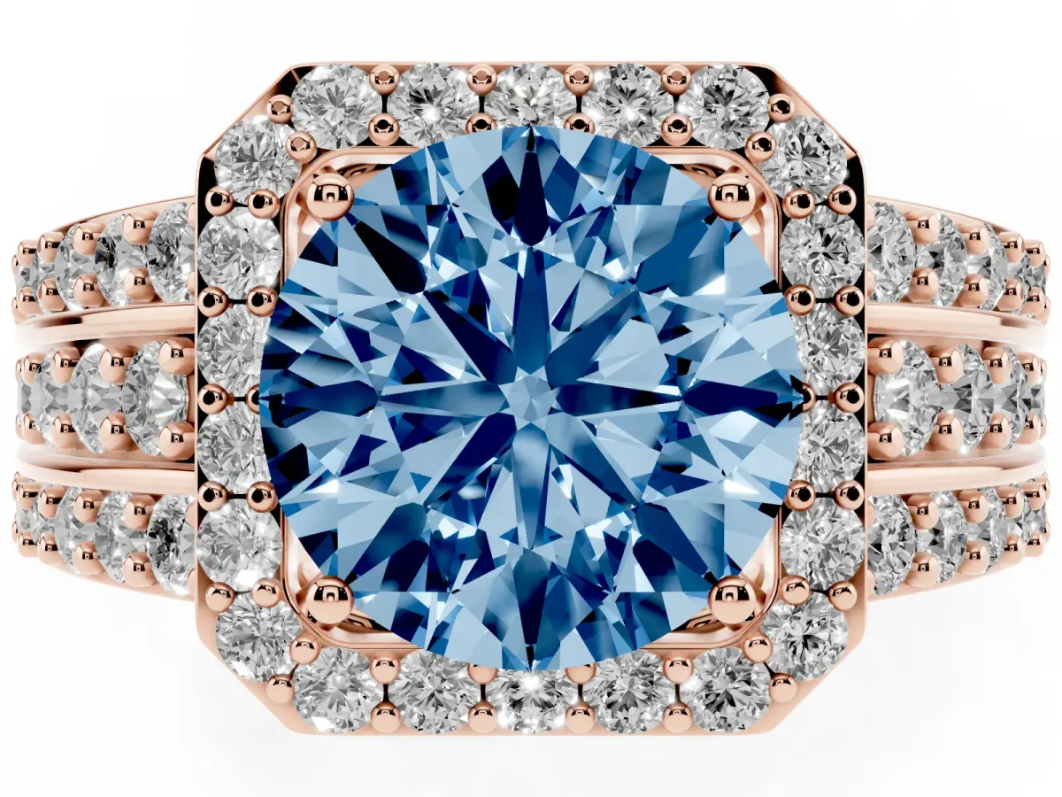 Fancy Blue Round Cut Halo Diamond Ring with Round Split Shank and Prong Setting Rose gold