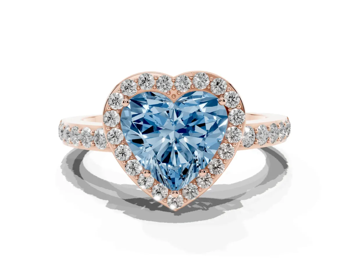 Fancy Blue Heart Cut Halo Diamond Pavé Band Ring with Prong Setting Rose gold