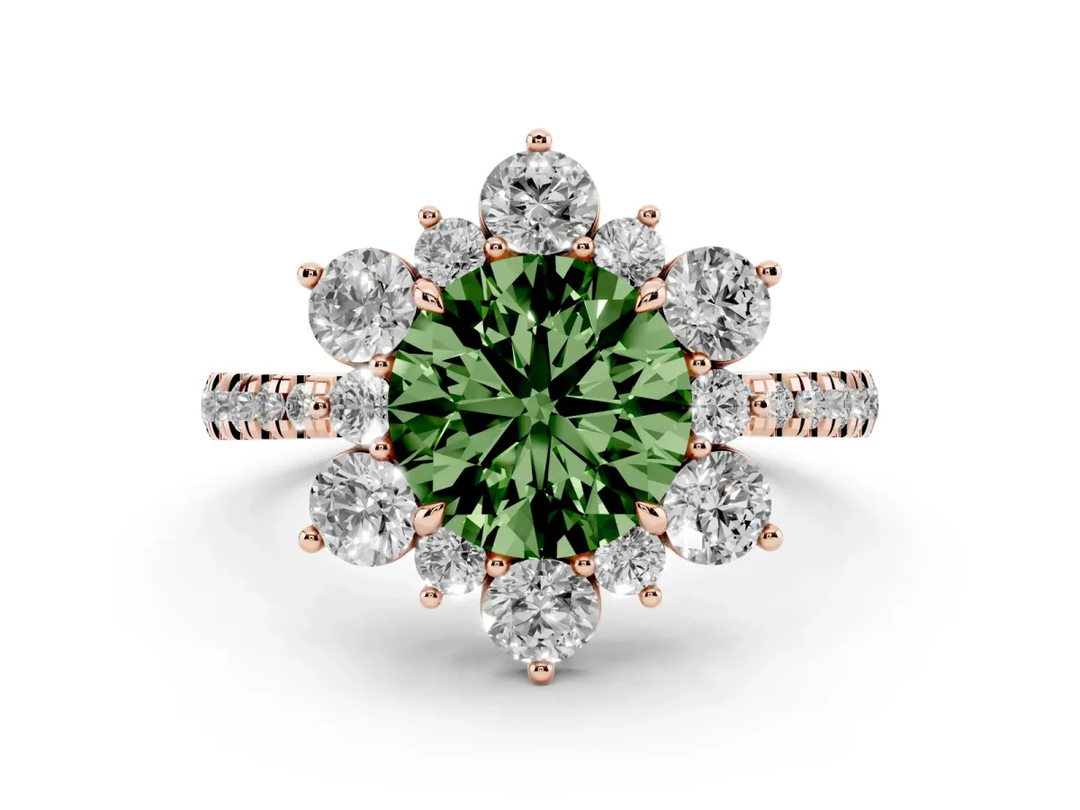Fancy Green Round Cut Diamond Floral Halo Ring with Round Pavé Band and Prong Setting Rose gold