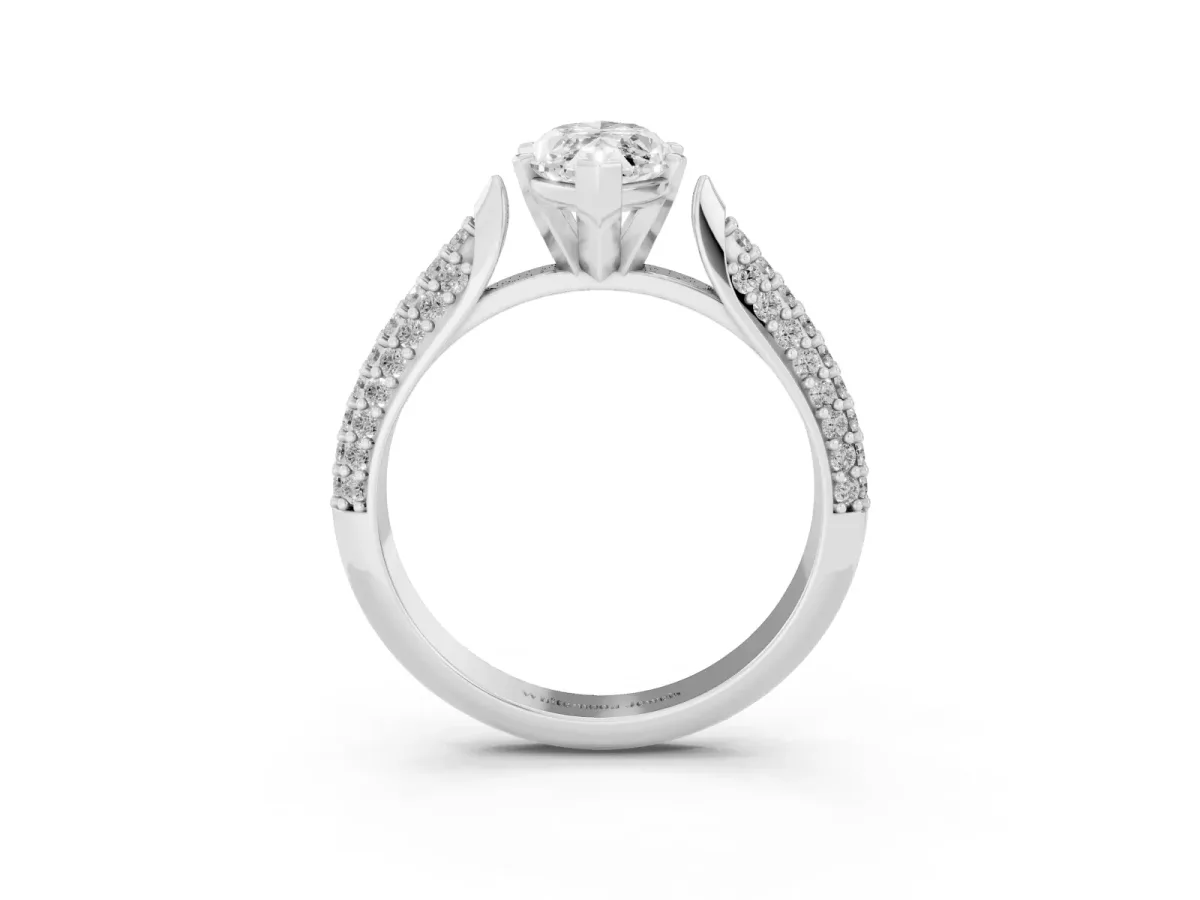 Marquise Cut Diamond Solitaire Engagement Ring with Multi-Row Round Pavé Band and Prong Setting Silver