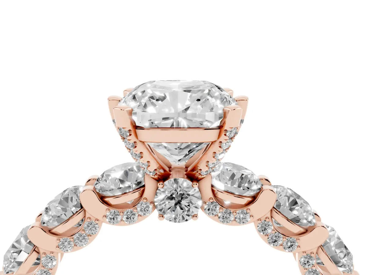 Cushion Cut Diamond Side Stone Engagement Ring with Four-Prong Setting Rose gold