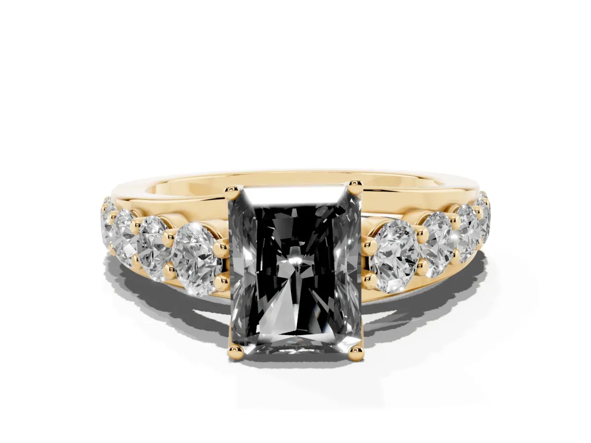 Fancy Black Radiant Cut Diamond Engagement Ring with Pavé Band and Four-Prong Setting Yellow gold