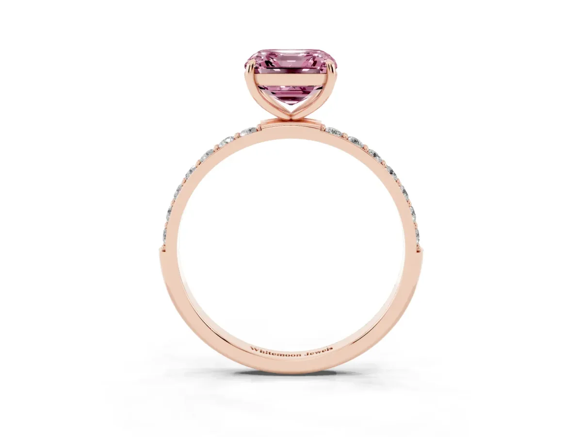 Fancy Pink Asscher Cut Diamond Solitaire Ring with Round Pavé Shoulders and Prong Setting Rose gold