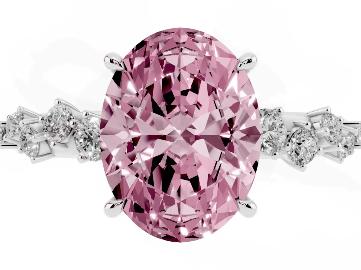 Fancy Pink Oval Cut Diamond Cluster Side Stone Solitaire Ring with Prong Setting Silver