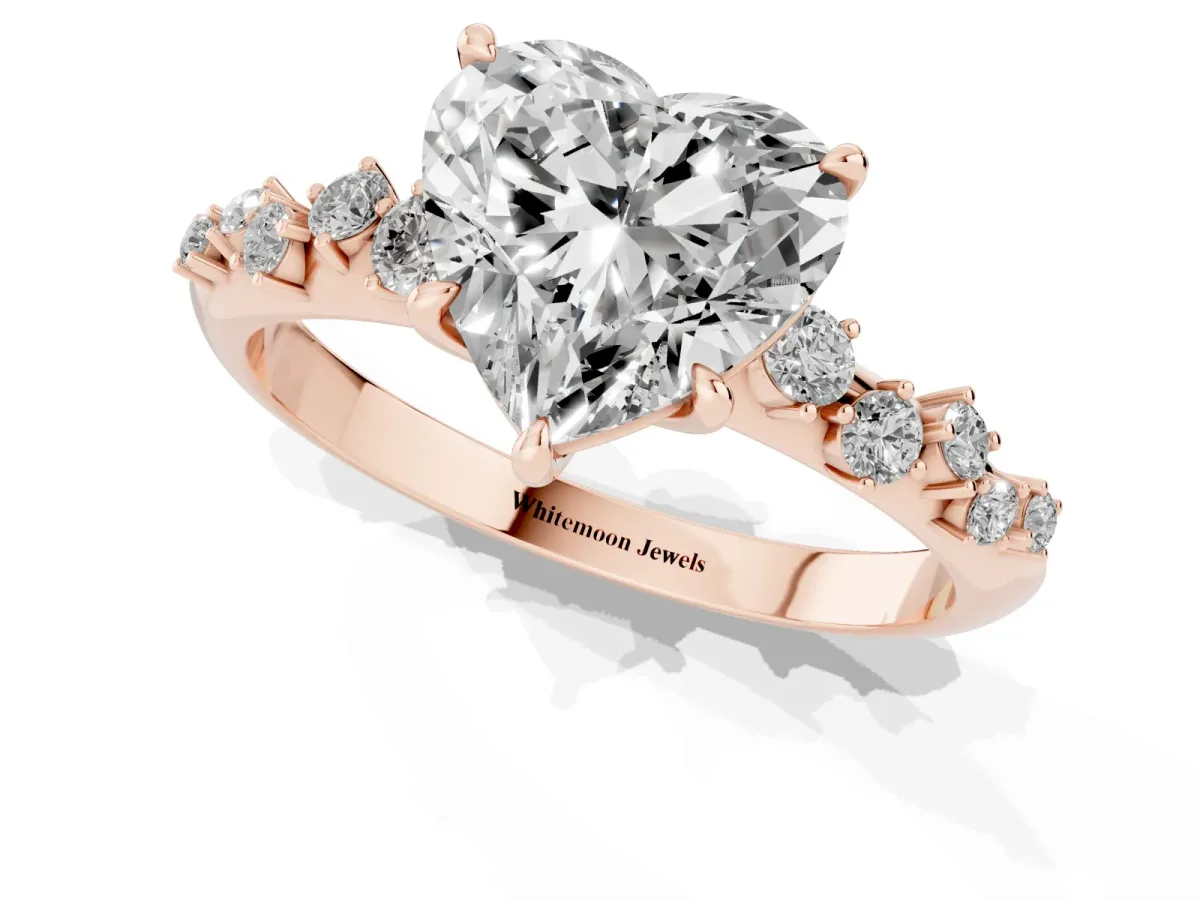 Heart Cut Diamond Cluster Side Stone Solitaire Ring with Prong Setting Rose gold