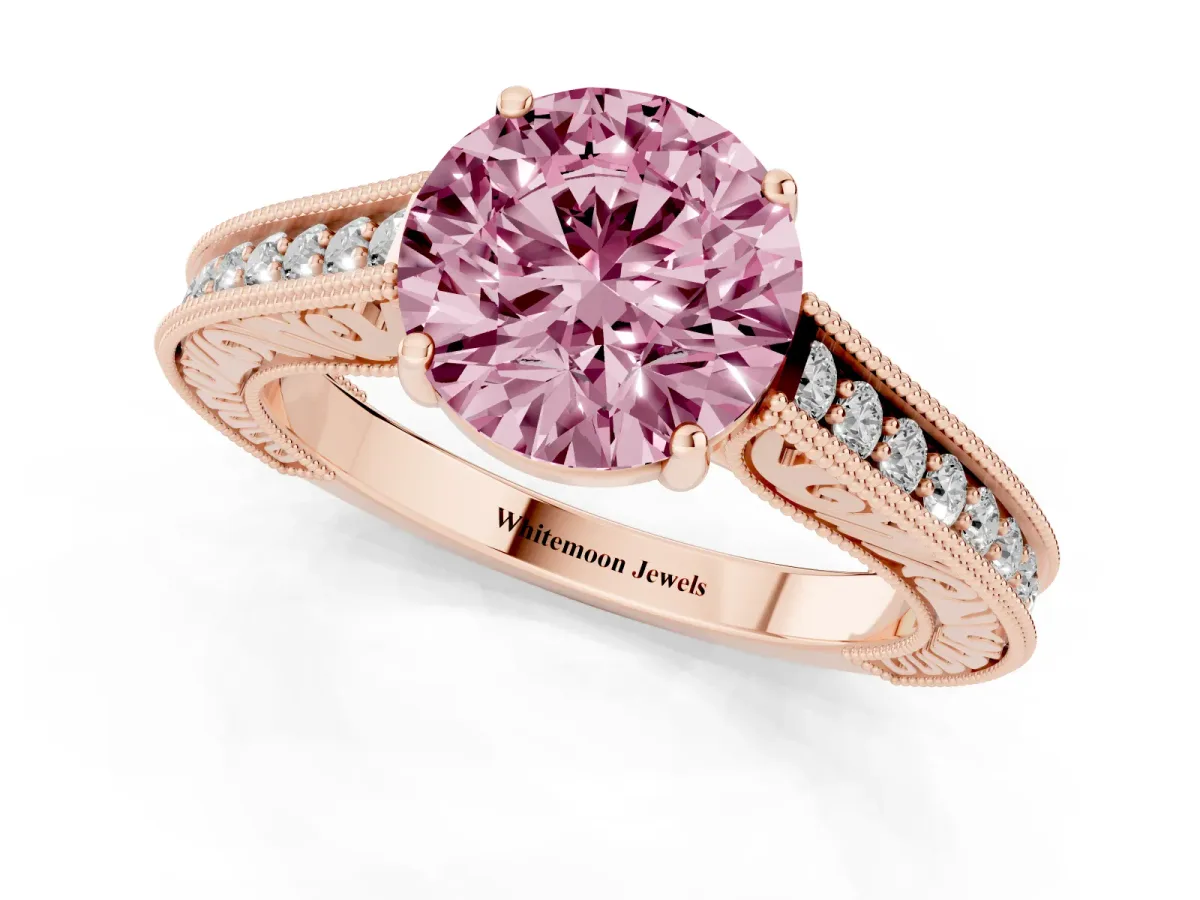 Fancy Pink Round Cut Cut Pave Band Milgrain Solitaire Ring Rose gold