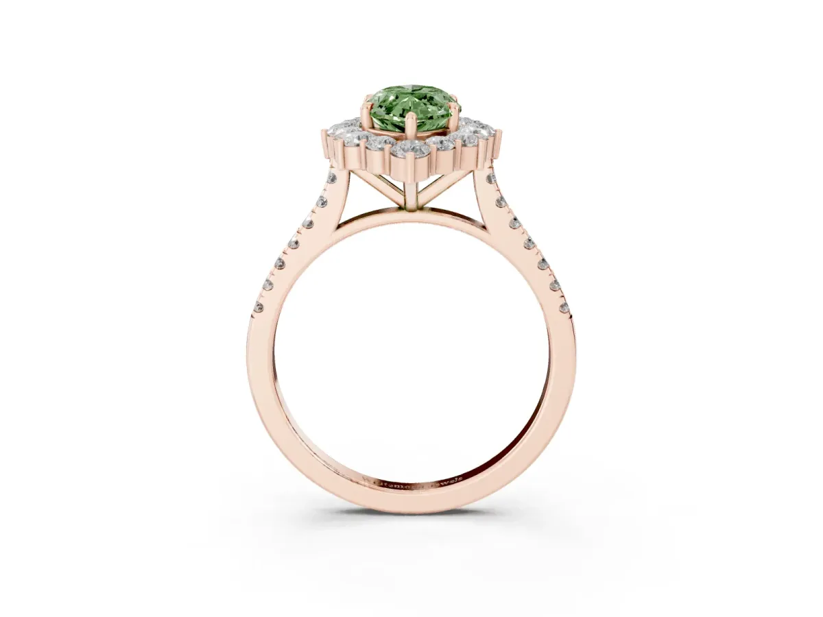 Fancy Green Marquise Cut Halo Diamond Ring with Pavé Band and Prong Setting Rose gold