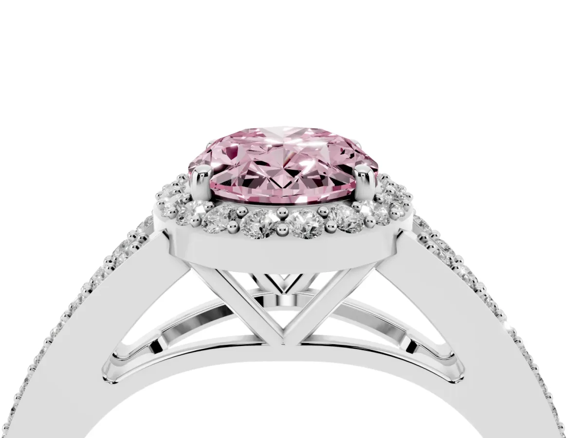Fancy Pink Oval Cut Halo Split Shank Pave Diamond Ring with Four-Prong Setting White gold