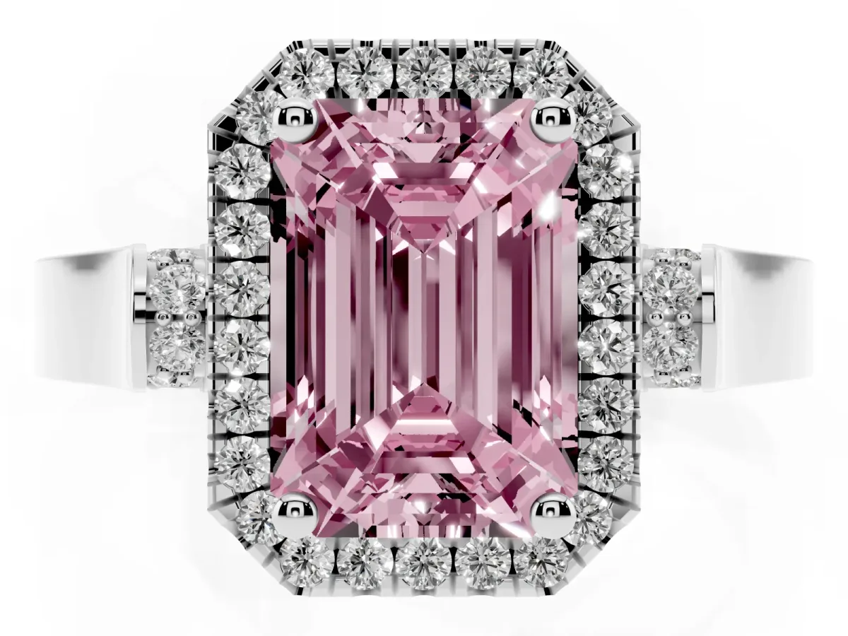 Fancy Pink Emerald Cut Halo Round Diamond Twist Band with Four-Prong Setting Platinum