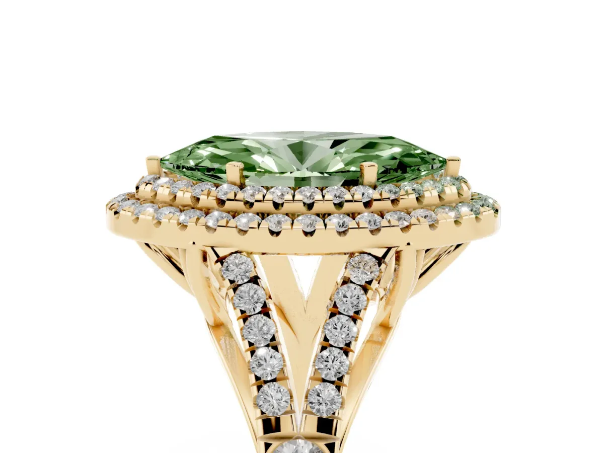 Fancy Green Marquise Cut Cut Double Halo Split Shank Diamond Ring with Prong Setting Yellow gold